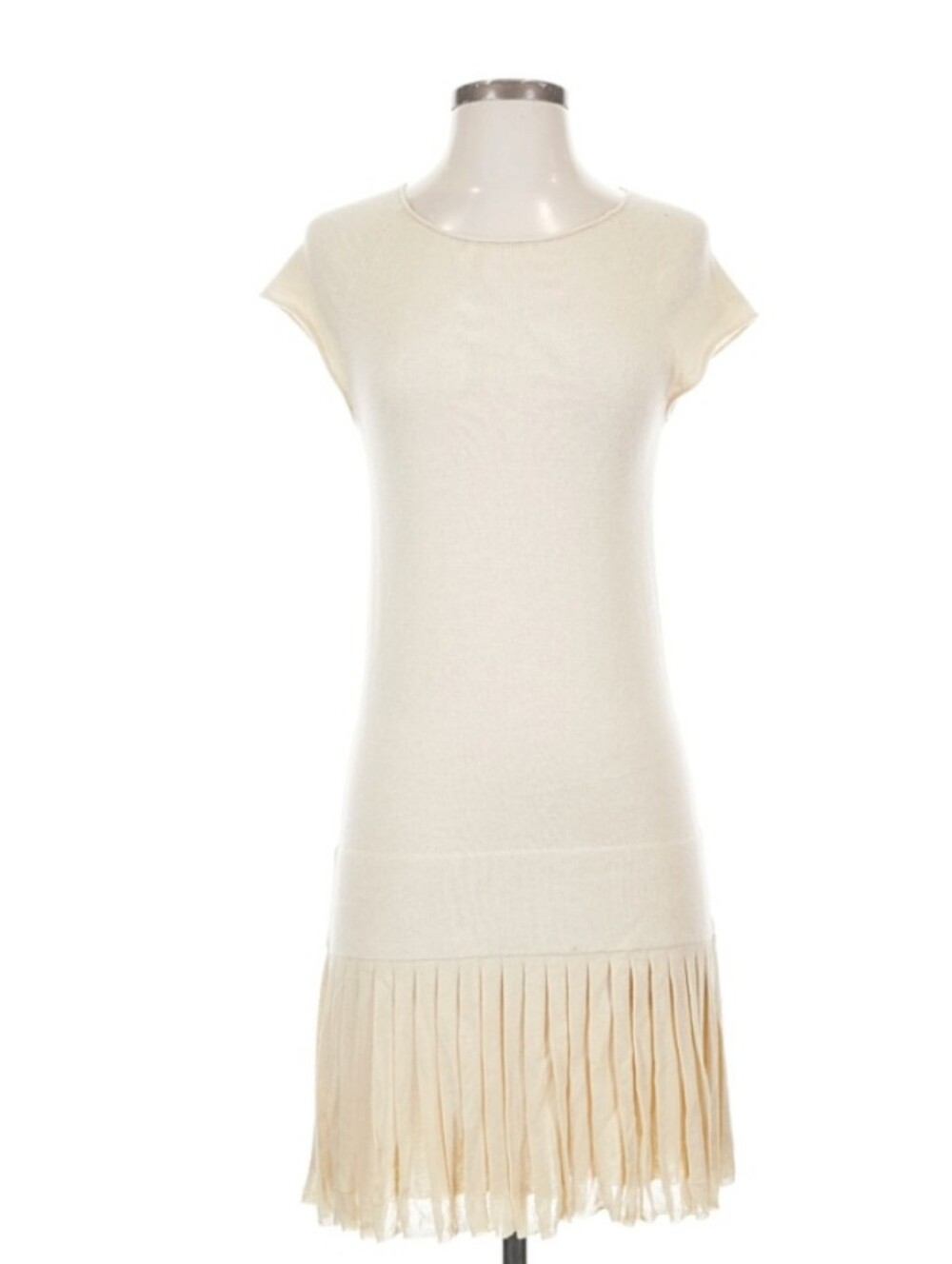 Iisli Cream Cotton Blend Fine-Knit Drop-Waist Sweater Dress Pleated Hem - Size S